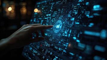 Digital Finance Management Finger Tapping Glowing Bar Chart on Tech Interface, Analytics, Data Visualization, and Futuristic Investment. photo