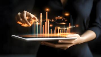 Digital Financial Data Analysis on Tablet Displayed by Woman, Investment Strategy and Market Trends Chart, Modern Technology photo