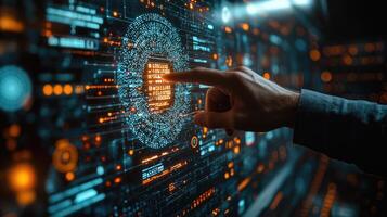 Digital Fingerprint Scan Futuristic Biometric Authentication Technology with Binary Code for Cybersecurity and Secure Access photo