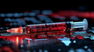 Digital Injection Syringe Filled with Binary Code on Circuit Board Background for Technology and Healthcare Concepts photo