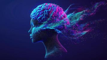 Digital Human Brain Connection Data Stream from Mind, Artificial Intelligence, Futuristic Technology Concept, Neon Glow photo