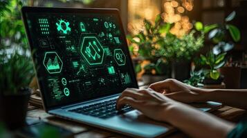 Digital Innovation CloseUp of Laptop Screen Displaying Futuristic Technology Interface with User Typing, Data Analysis and Technology photo