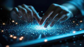 Digital Innovation Hands Interacting with Light Particles on Tablet, Representing Technology, Connectivity, and Futuristic User Experience photo