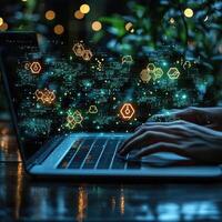 Digital Innovation Person Typing on Laptop with Abstract Data Visualization Overlay, Nighttime Work, Technology Concept photo