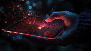 Digital Interaction Person Holding Illuminated Tablet Displaying AI Text Against Bokeh Background photo