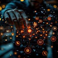 Digital Interface Connection Man Touching Glowing Network Nodes, Cyber Security, Data Exchange and Future Technology photo