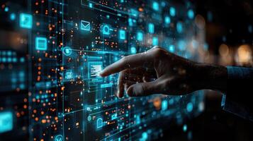 Digital Interface Control Hand Interacting with Futuristic Technology, Data Visualization and Cyber Security Concepts photo