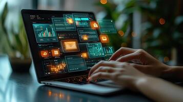 Digital Interface Displayed on Laptop Screen with User Hands Typing, Emphasizing Technology and Connectivity photo