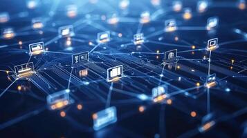 Digital Network Connectivity Abstract Circuit Board with Laptop Icons for Global Communication and Data Flow photo