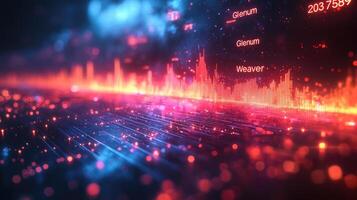 Digital Network Data Analysis Visualization with Glowing Red Bars, Names, Numbers, and Blue Bokeh Lights photo