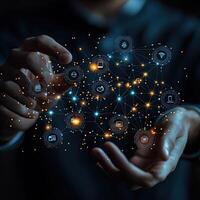 Digital Network in Hands Abstract Tech Connections, Data Cloud, IoT, Global Communication Concept photo