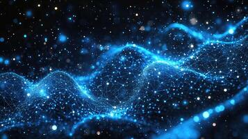 Digital Network Wave with Blue Connections and Glittering Particles on Dark Background, Abstract Technology Concept photo