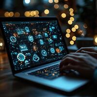 Digital Networking Person Typing on Laptop Displaying Glowing Data Icons in Warm, BokehLit Environment photo