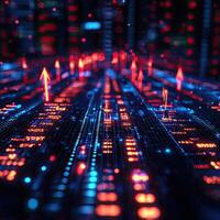 Digital Network with Red Arrows Rising Data Flow, Technology Trends, Business Growth Concept photo