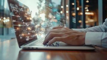 Digital Nomad Using Laptop with Network Connectivity Data Flow, Social Media, and Global Communication Concept photo