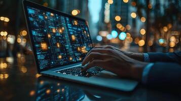 Digital Nomad Coder Typing on Laptop with Abstract Code Overlay on Screen, Blurred Urban Background at Night photo