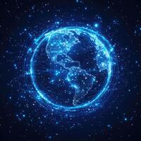 Digital World Globe with Connected Network, Data Streams and Blue Particle Design on Dark Background photo