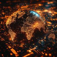 Digital World Globe with Circuit Board Texture Glowing in Orange and Blue Lights on a Dark Background photo
