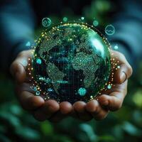 Digital World in Hands Global Network Technology, Earth Connectivity, Business Innovation, and Sustainable Future Concepts photo