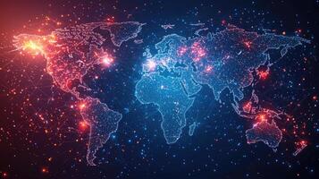 Digital World Map Global Network Connection with Glowing Points and Lines on Dark Blue Background photo