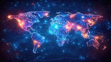 Digital World Map with Connected Networks in Space, Glowing Continents, International Communication and Global Connectivity photo