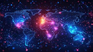 Digital World Map with Glowing Connections, Global Network, Data Visualization, and Modern Technology Concept photo