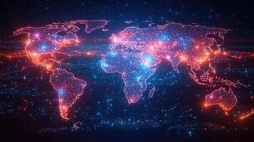 Digital World Map with Glowing Connections on Dark Background Global Network and Connectivity photo