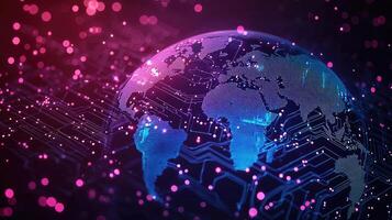 Digital World Network Circuit Board Earth with Glowing Pink Bokeh Background for Technology Concepts photo