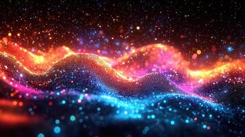 Dotted Landscape With Bokeh Lights Overlay, Abstract Futuristic Particles Waving and Floating With Red, Blue And Orange Color. photo