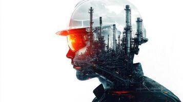 Double Exposure of Engineer and Industrial Landscape Safety, Engineering, and Future Energy Concepts photo