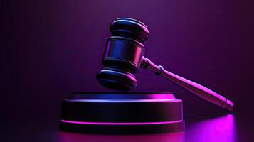 Dramatic Gavel on Sound Block with Striking Purple and Blue Lighting for Law and Order Concepts photo