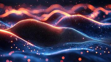 Dynamic Wavy Particle Mesh Abstract Network with Glowing Dots, Data Stream, and Digital Landscape Design photo