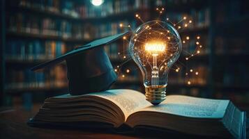 Education and Innovation Concept Light Bulb, Mortarboard, and Open Book in Library Setting photo