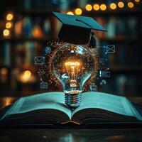 Education and Innovation Graduation Cap on Light Bulb with Tech Icons Resting on an Open Book photo