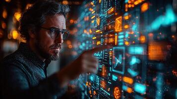 Engineer Analyzing Futuristic Data, Digital Display, Software Interface, Man with Glasses, Glowing Information, Cyberpunk Technology photo