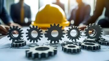 Engineering Blueprint Collaboration Gear Mechanism on Draft with Safety Helmet, Architect Team Meeting for Mechanical Project photo