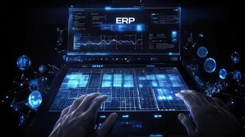 Enterprise Resource Planning on Futuristic Interface Laptop, Data Visualization, Business Intelligence, And Innovation in Software Technology photo