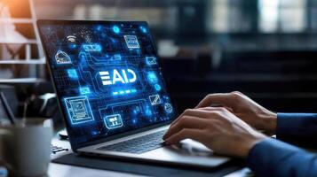 Enterprise Architecture Diagram on Laptop Display Showing Network, Infrastructure, and Applications Managed Centrally for Digital Transformation. photo