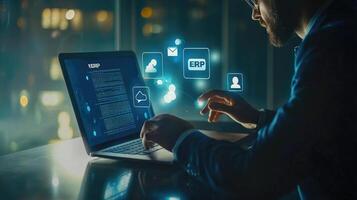 Enterprise Resource Planning Businessman Navigating ERP System on Laptop with Cloud Connectivity and Communication Icons for Efficient Business photo