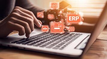 ERP System Implementation on Laptop Keyboard Streamlining Business Processes with Technology and Modern Data Management photo