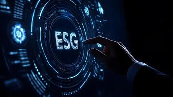 ESG Futuristic Digital Touchscreen Interface Concept with Environment Social Governance and Hand Interaction Technology photo