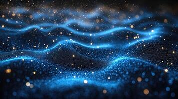 Ethereal Blue Particle Wave Abstract Light Flow with Golden Highlights and Sparkles, Glowing Background Design photo