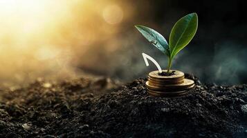 Financial Growth Concept Sapling Growing From a Stack of Coins with an Arrow on Soil photo