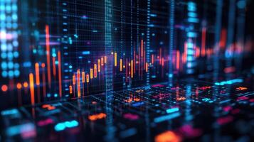 Financial Stock Market Data Visualization with Candlestick Charts and Grid Lines, Red and Blue Colors, Abstract Technology Background photo