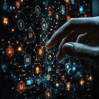 Finger Interacting with Digital Data Secure Network Connectivity and Cloud Computing Solutions Visualized Through Glowing Tech Icons photo
