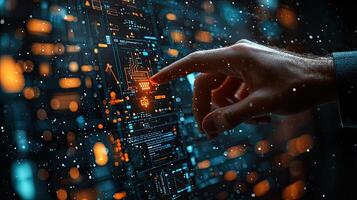 Finger Interacting with Futuristic Interface High Tech, Artificial Intelligence, and Digital Transformation Concept with Abstract Circuitry. photo