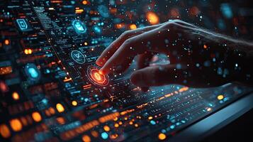 Finger Interacting with Futuristic Technology Interface Security System Control, Data Processing, and CuttingEdge Cyber Technology Concept photo