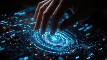 Finger Interacting with Futuristic Technology Interface, Blue Glowing Digital HUD Display, Virtual Reality Touchscreen Concept photo