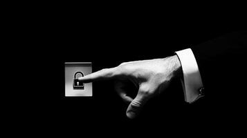Finger Pressing Security Padlock Button in Monochrome, Representing Cyber Security and Access Control with Dramatic Lighting photo