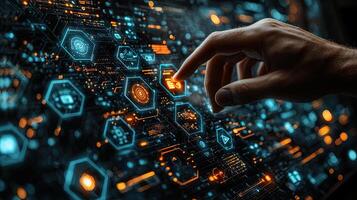 Finger Interacting with Futuristic Technology Interface, Digital Network, Data Processing, Artificial Intelligence Concept. photo